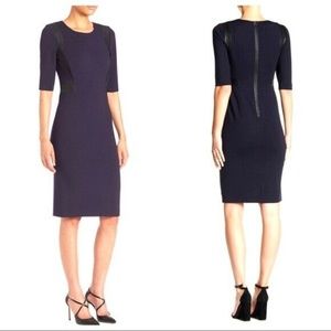 Rebecca Taylor Navy Faux-Leather-Trim Ponte 3/4-Sleeve Sheath Dress Size 2